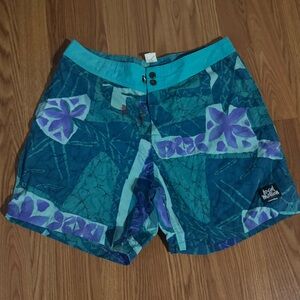 Vintage Teal Purple Floral‎ Hawaiian Tropical Swim Shorts Retro Resort Size M